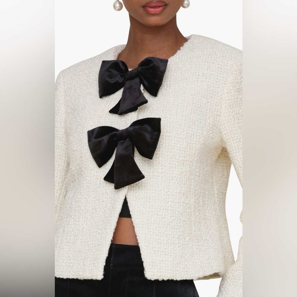 Avec Les Filles Cream Tweed Jacket Bow Detail Cropped Blazer | NWT Size XS - Picture 5 of 16